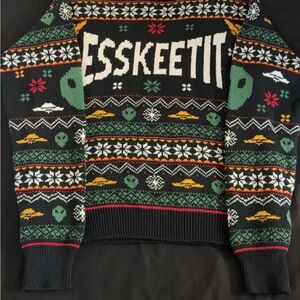 Unbranded Men’s 'ESSKEETIT' Black Holiday Knit Sweater - Green & Yellow Accents